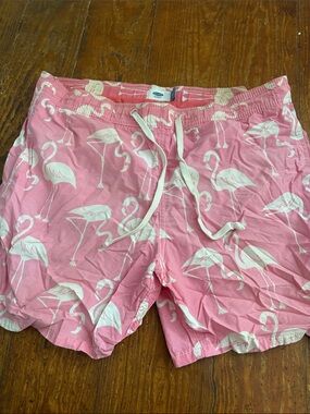 Old Navy Pink Swim Trunks with White Flamingo Print